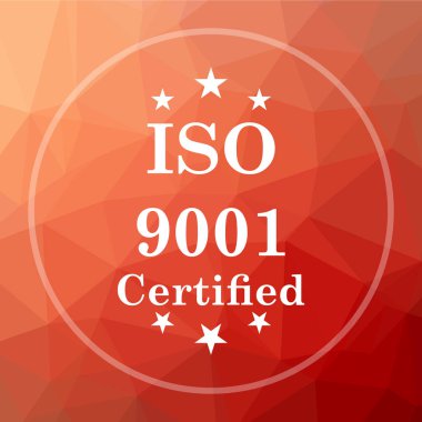 ISO9001 simgesi. ISO9001 Web sitesi düğmesini kırmızı düşük poli arka plan üzerinde