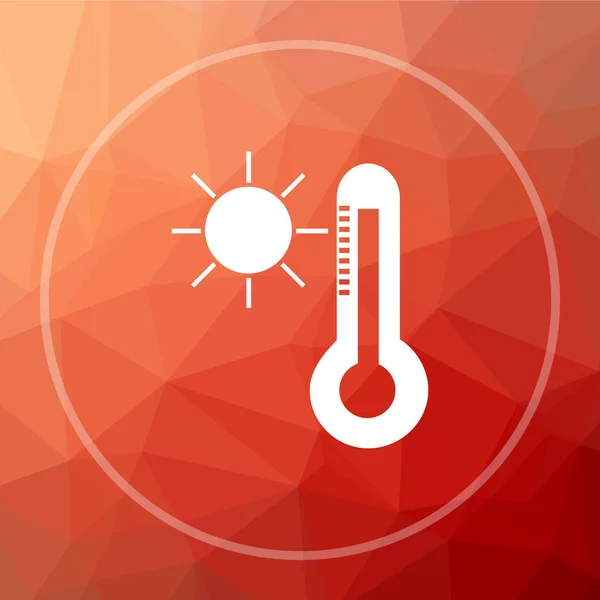 Sun and thermometer icon. Sun and thermometer website button on red low poly background