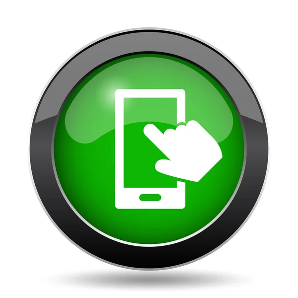 Smartphone Rukou Zelené Stránky Tlačítko Bílém Pozadí — Stock fotografie
