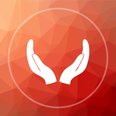 Eller simgesini korumak. Eller Web sitesi düğmesini kırmızı düşük poli arka plan üzerinde koruma