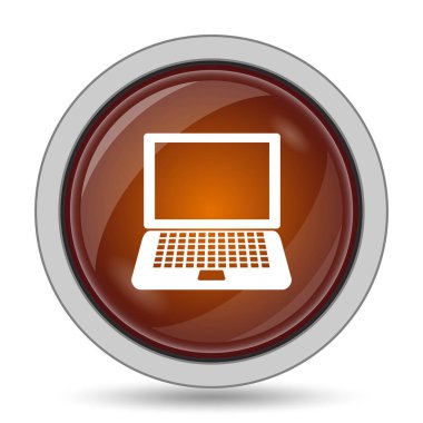 Dizüstü bilgisayar kutsal kişilerin resmi, turuncu web sitesi düğme beyaz arka plan üzerinde
