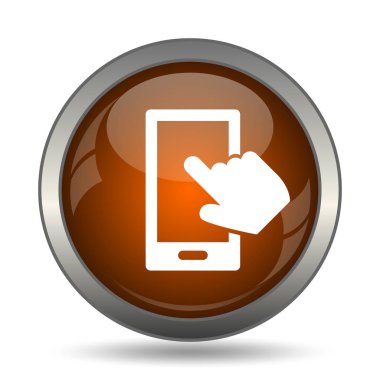 Smartphone ile el simgesi. Beyaz arka plan üzerinde Internet düğmesi.