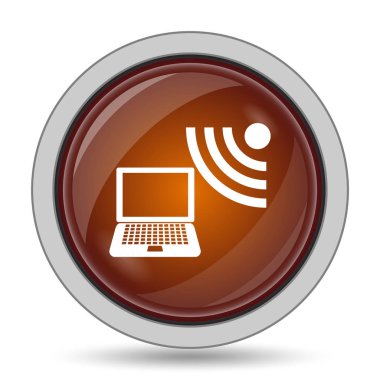 Kablosuz dizüstü bilgisayar kutsal kişilerin resmi, turuncu web sitesi düğme beyaz arka plan üzerinde