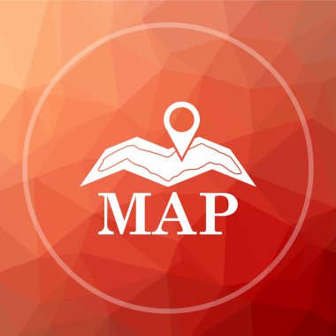 Harita simgesi. Harita Web sitesi düğmesini kırmızı düşük poli arka plan üzerinde