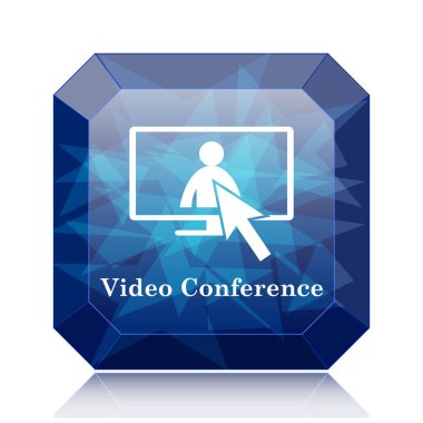 Video konferans, çevrimiçi toplantı kutsal kişilerin resmi, beyaz zemin üzerine mavi Web sitesi düğmesini