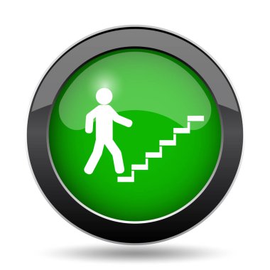 İşadamı merdivenlerde - başarı simgesi, beyaz zemin üzerine yeşil Web sitesi düğmesini