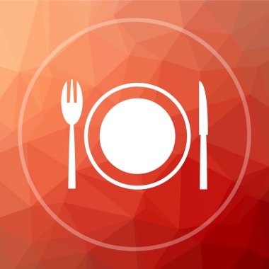 Restoran simgesi. Restoran Web sitesi düğmesini kırmızı düşük poli arka plan üzerinde