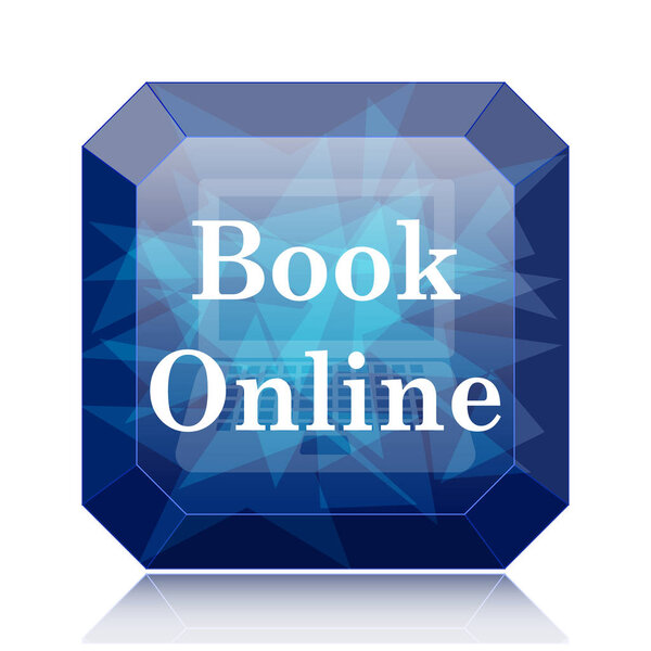 Book online icon, blue website button on white background