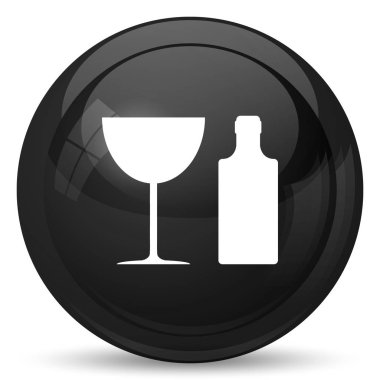 Şişe ve cam kutsal kişilerin resmi. Beyaz arka plan üzerinde Internet düğmesi