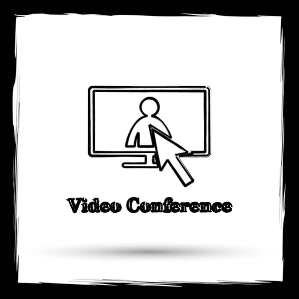 Video conference, online meeting icon. Internet button on white background. Outline design imitating paintbrush