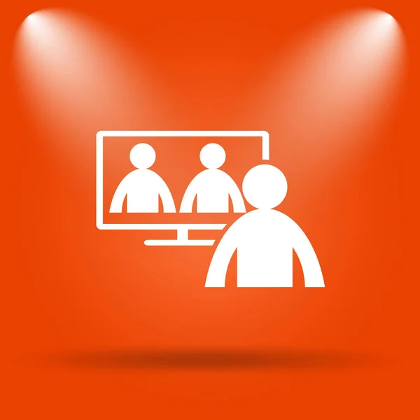 Videokonferencia Online Értekezlet Ikonra Internet Gombot Narancssárga Háttér — Stock Fotó