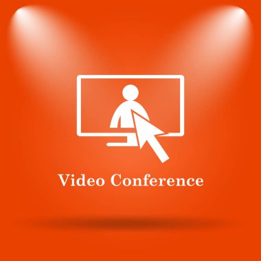 Video konferans, çevrimiçi toplantı simgesi. Internet düğmesini turuncu zemin üzerine