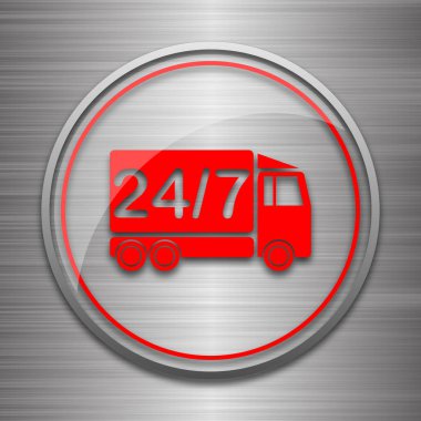 24 7 teslimat kamyonu simgesi. Metalik arka plan üzerinde Internet düğmesi