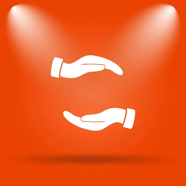 Protecting hands icon. Internet button on orange background