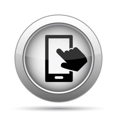 Smartphone ile el simgesi. Beyaz arka plan üzerinde Internet düğmesi