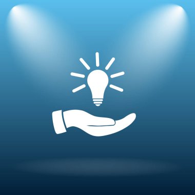 El tutma ampul. Fikir simgesi. Mavi arka plan Internet düğmesini.