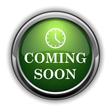 Simge yakında. Beyaz arka plan üzerinde Web sitesi düğmesini coming soon