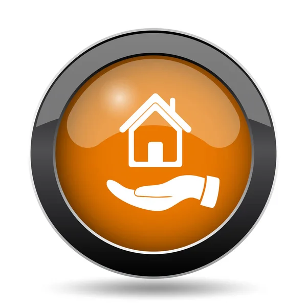 家のアイコンを持っている手 白い背景の上の家のウェブサイトのボタンを持っている手 — ストック写真