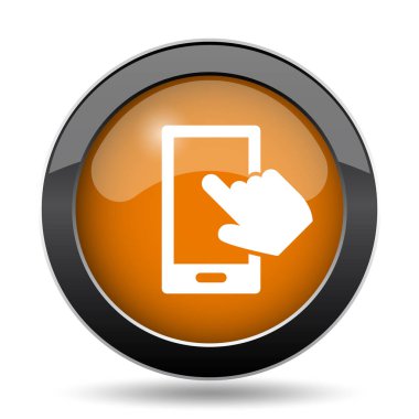 Smartphone ile el simgesi. Beyaz arka plan üzerine el Web sitesi tuşu ile Smartphone