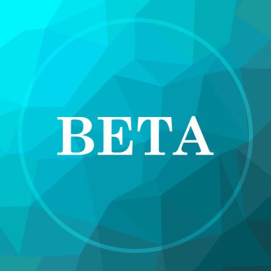 Beta simgesi. Beta Web sitesi düğmesini mavi düşük poli arka plan üzerinde