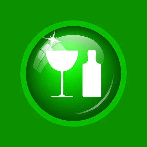 瓶子和玻璃图标 绿色背景上的互联网按钮 — 图库照片