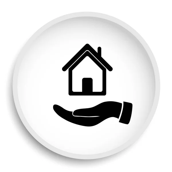 家のアイコンを持っている手 白い背景の上の家のウェブサイトのボタンを持っている手 — ストック写真