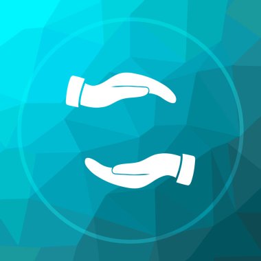 Eller simgesini korumak. Eller Web sitesi düğmesini mavi düşük poli arka plan üzerinde koruma