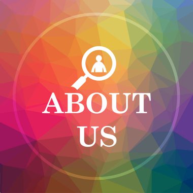 Hakkımızda simgesi. Hakkımızda web sitesi düğmesini düşük poli arka plan üzerinde