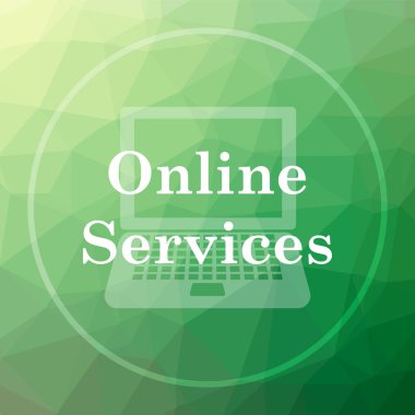 Çevrimiçi hizmetler simgesi. Çevrimiçi Hizmetler Web sitesi düğmesini yeşil düşük poli arka plan üzerinde