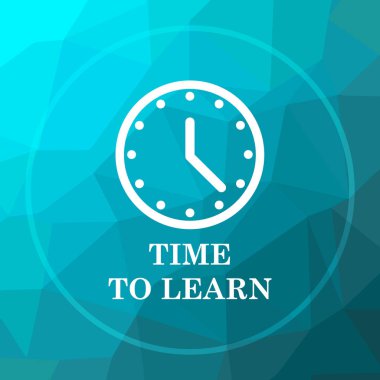 Simge öğrenme zamanı. Web sitesi düğmesini mavi düşük poli arka plan üzerinde öğrenmek için zaman