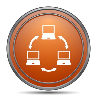 Bilgisayar ağ kutsal kişilerin resmi. Beyaz arka plan turuncu internet düğme