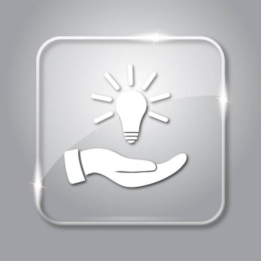 El tutma ampul. Fikir simgesi. Gri arka plan şeffaf Internet düğmesini