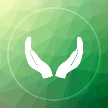 Eller simgesini korumak. Eller Web sitesi düğmesini yeşil düşük poli arka plan üzerinde koruma