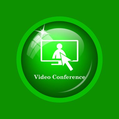 Video konferans, çevrimiçi toplantı simgesi. Yeşil renkli butona Internet.