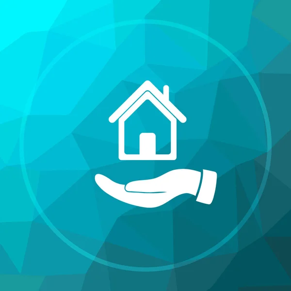 Hand holding house icon. Hand holding house website button on blue low poly background