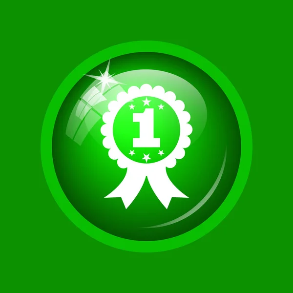 First prize ribbon icon. Internet button on green background.