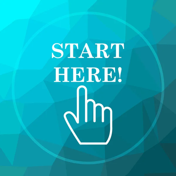 Start here icon. Start here website button on blue low poly background