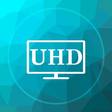 Ultra Hd simgesi. Mavi düşük poli arka plan üzerinde Ultra Hd Web sitesi düğmesini