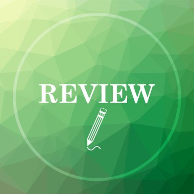 Gözden geçirme simgesi. Web sitesi düğmesini yeşil düşük poli arka planda gözden geçirin