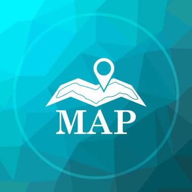 Harita simgesi. Mavi düşük poli arka plan üzerinde Web sitesi düğmesini göster