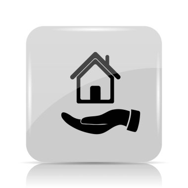 Ev simgesini tutan el. Beyaz arka plan üzerinde Internet düğmesi