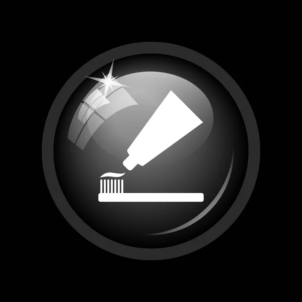 Tooth paste and brush icon. Internet button on black background.
