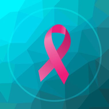 Meme kanseri kurdele simgesi. Meme kanseri şerit web sitesi düğmesi mavi düşük poli arka plan üzerinde