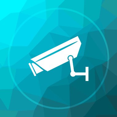 Gözetim kamera simgesi. Gözetim kamera web sitesi düğmesini mavi düşük poli arka plan üzerinde