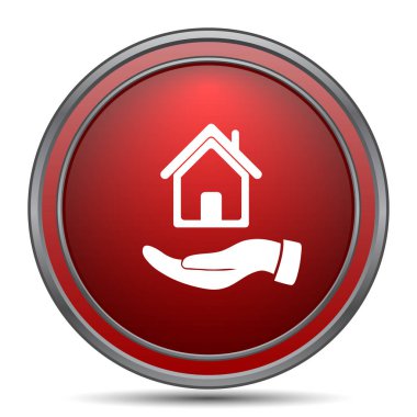 Ev simgesini tutan el. Beyaz arka plan üzerinde Internet düğmesi