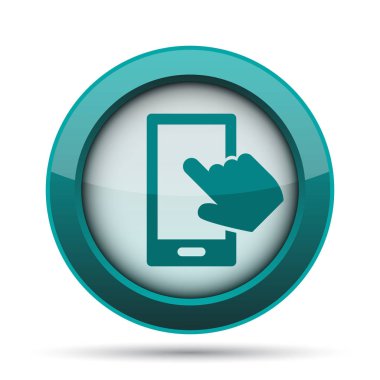 Smartphone ile el simgesi. Beyaz arka plan üzerinde Internet düğmesi