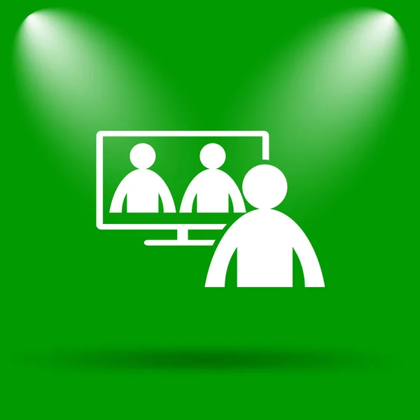 Video conference, online meeting icon. Internet button on green background