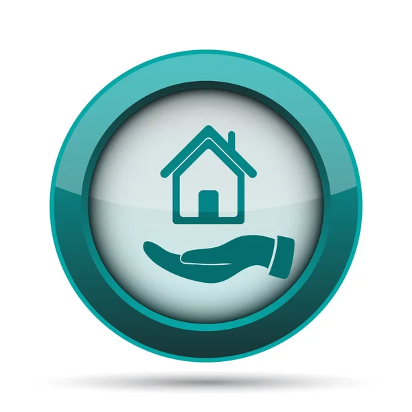 Hand holding house icon. Internet button on white background