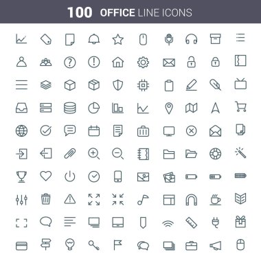Basit ve temiz vektör hat Office simgeleri için ayarlayın. Afiş, kiraz kuşu, Kullanıcı arayüzü, Web sitesi, Infographics ve uygulamalar için uygun 100 Office simge kümesi.