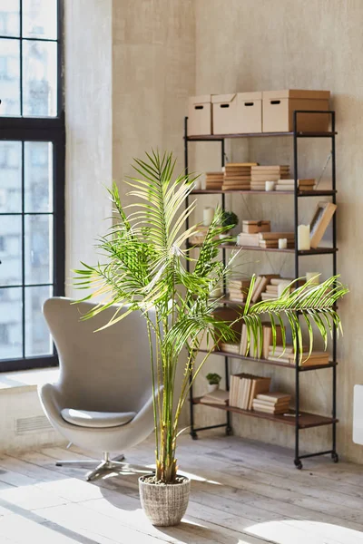 Shelf with boxes and books. — Stock Photo, Image